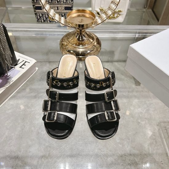Christian Dior Color Block Chunky Heel Peep Toe Slide Sandals with Buckle