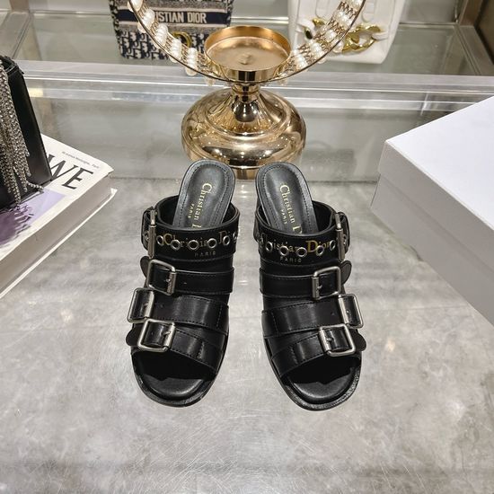Christian Dior Color Block Chunky Heel Peep Toe Slide Sandals with Buckle