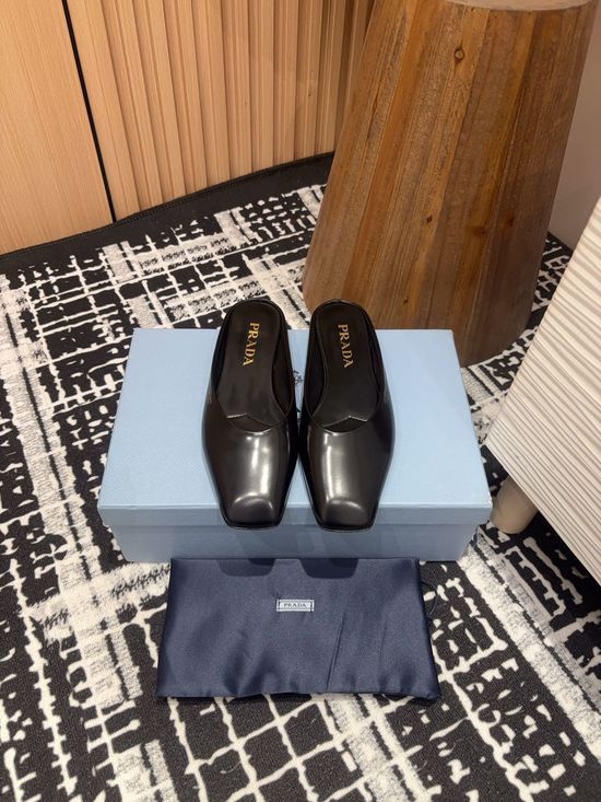 Prada Patent Leather Square Toe Mules with Logo Sole