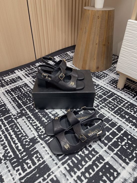 Chanel Elegant Peep Toe Two Strap Lambskin Sandals