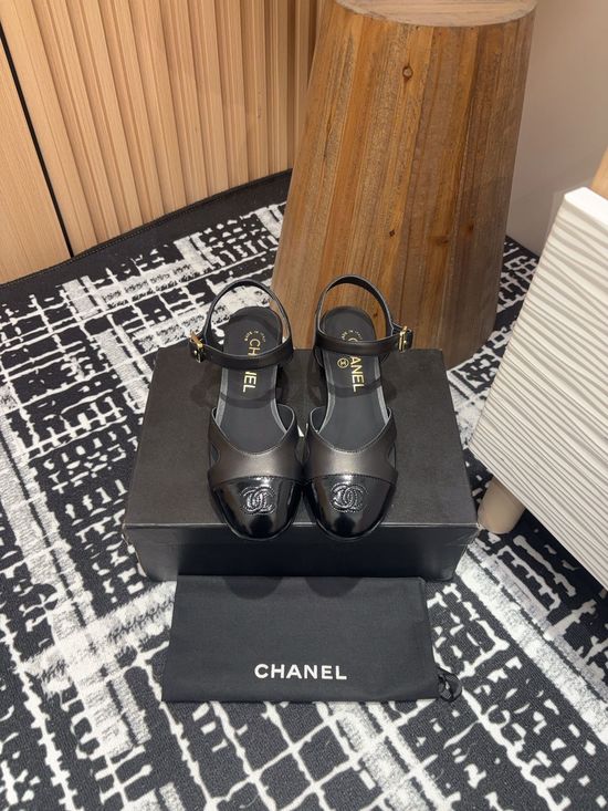Chanel Embroidered Round Toe Block Heel Leather Sandals