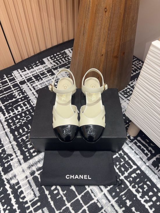 Chanel Embroidered Round Toe Block Heel Leather Sandals