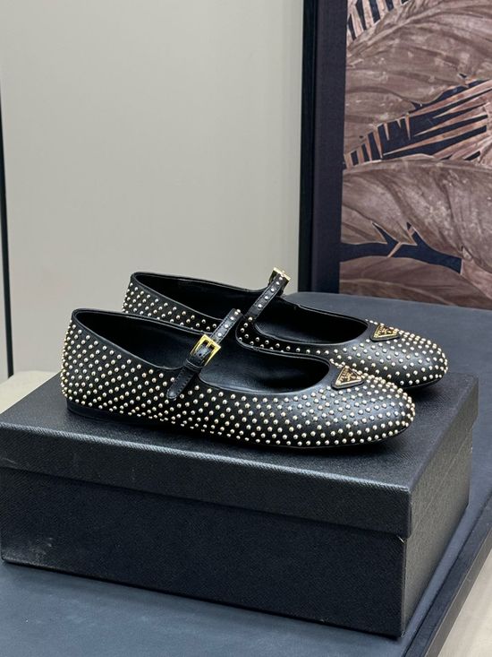 Prada Decorative Stud Mary Jane Shoes With Signature Logo