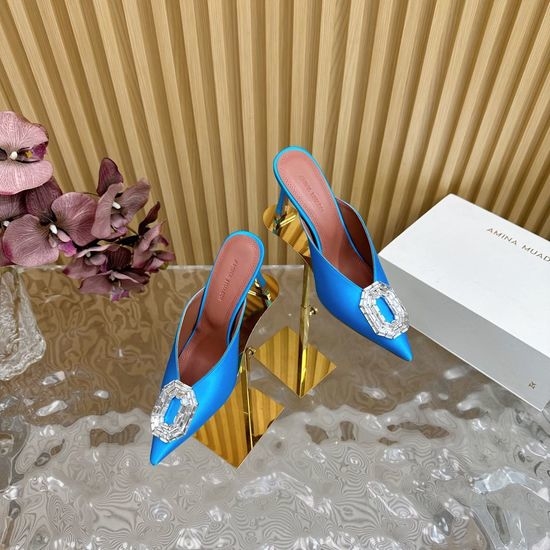 Amina Muaddi Satin Upper Comfortable Block Heel Shoes