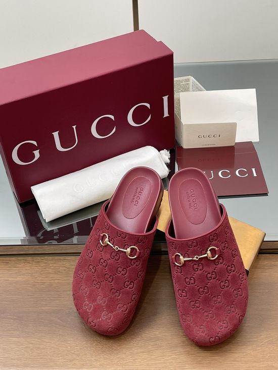 Gucci Classic Buckle Embossed Suede Mule Slide Shoes Premium