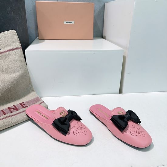 Miu Miu Bow Decor Perforated Leather Mule Loafers