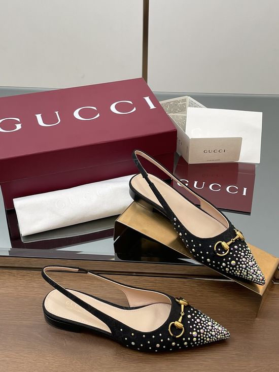 Gucci Crystal Embellished Pointed Toe Slingback Low Heel Sandals