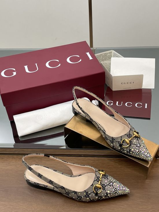 Gucci Crystal Embellished Pointed Toe Slingback Low Heel Sandals