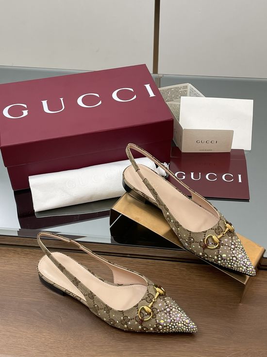 Gucci Crystal Embellished Pointed Toe Slingback Low Heel Sandals