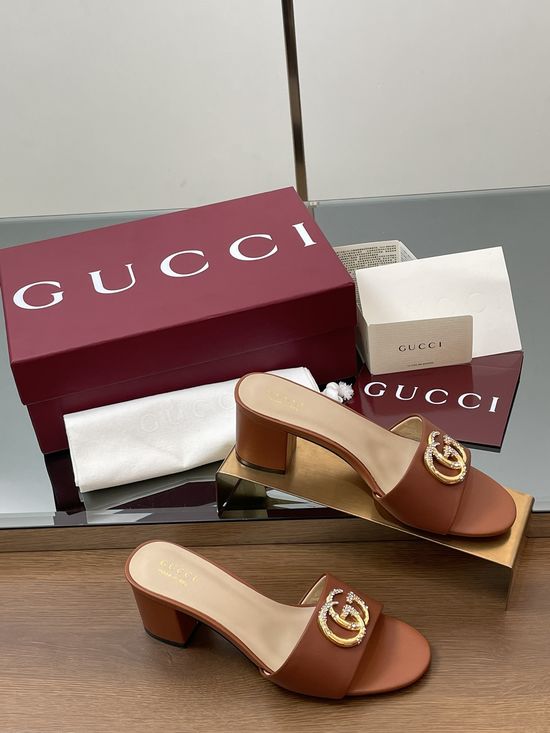 Gucci Rhinestone Buckle Low Chunky Heel Leather Slide Sandals