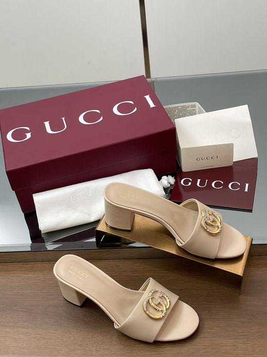 Gucci Sheepskin Chunky Heel Rhinestone Buckle Peep Toe Slides