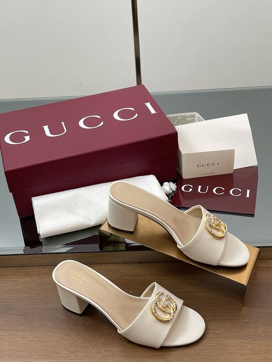 Gucci Rhinestone Buckle Low Chunky Heel Leather Slide Sandals