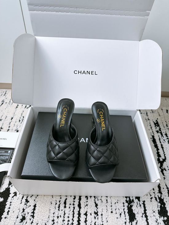 Chanel Block Heel Leather Slides Elegant Comfortable Casual Shoes