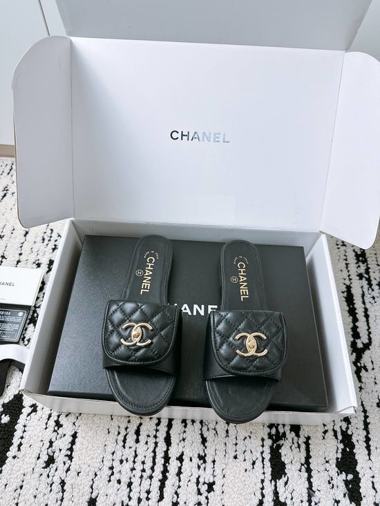 Chanel Quilted Buckle Flat Slide Sandals with Leather Sole