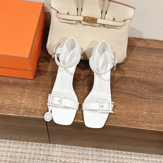 Hermes Elegant Buckle Decor Heeled Sandals Premium Leather Fashion Shoes