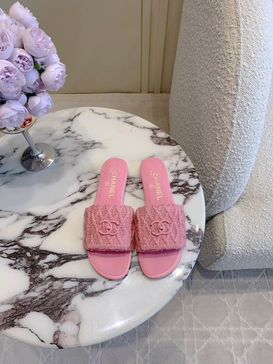Chanel Classic Woven Slip On Slides with Logo Decoration