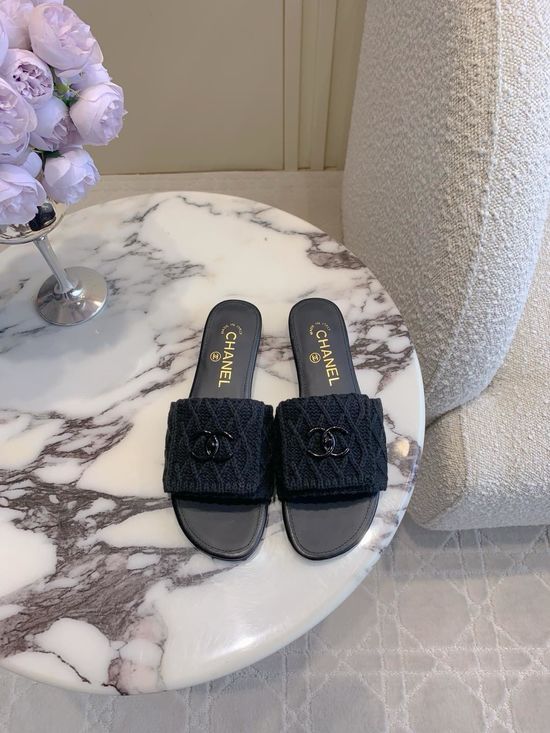 Chanel Classic Woven Slip On Slides with Logo Decoration