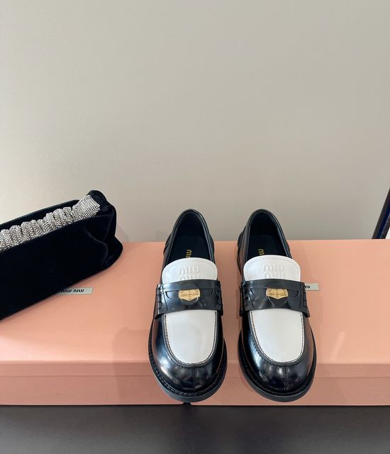 Miu Miu Patent Leather Coin Decor Flat Heel Loafer Shoes Comfortable