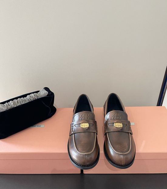 Miu Miu Patent Leather Coin Decor Flat Heel Loafer Shoes Comfortable