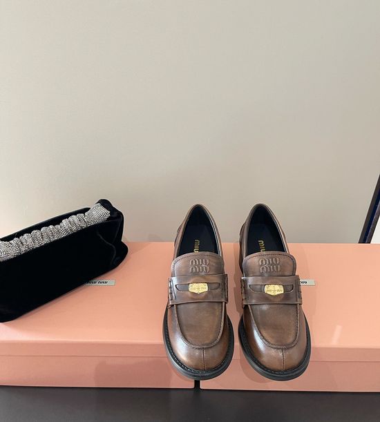 Miu Miu Patent Leather Coin Decor Flat Heel Loafer Shoes Comfortable
