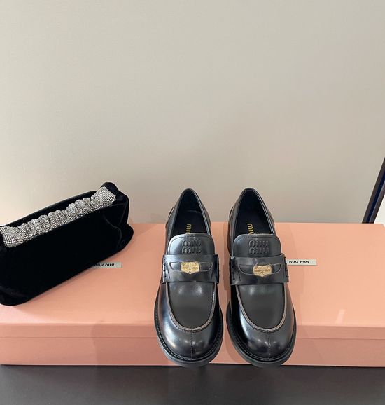 Miu Miu Patent Leather Coin Decor Flat Heel Loafer Shoes Comfortable