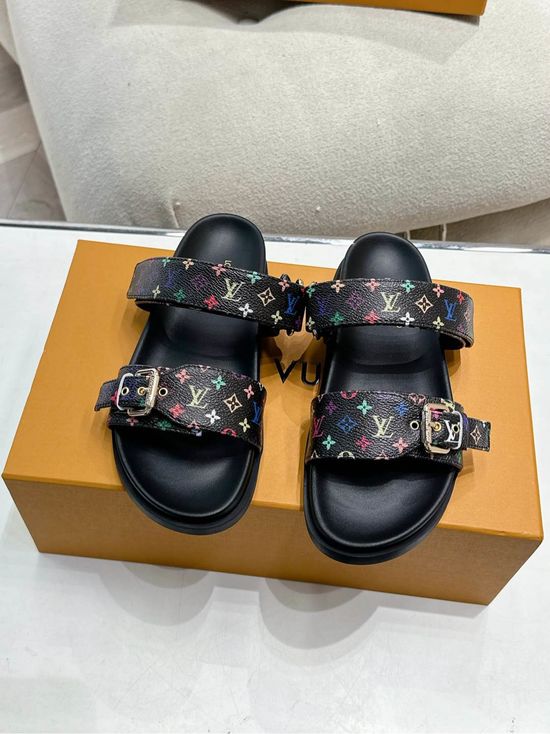 Louis Vuitton Classic Leather Slip On Slippers With Decorative Logo