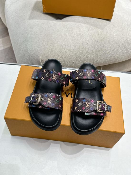 Louis Vuitton Classic Leather Slip On Slippers With Decorative Logo