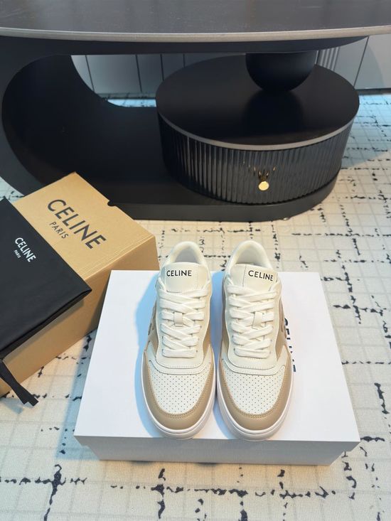 Celine Cowhide Leather Lace-up Thick Sole Casual White Sneakers