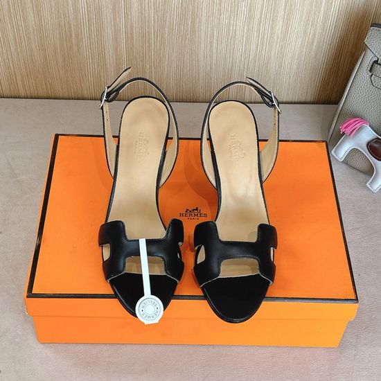 Hermes Classic Metal Decor Leather High Heel Slide Sandals