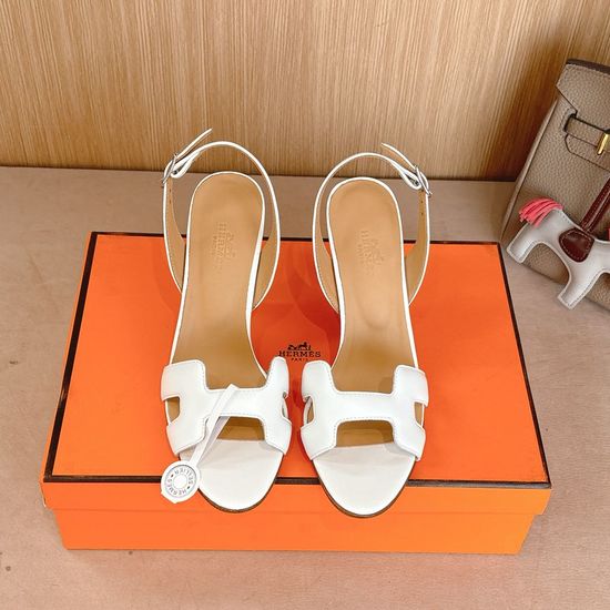 Hermes Classic Metal Decor Leather High Heel Slide Sandals