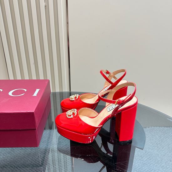 Gucci Rhinestone Buckle Platform High Heel Leather Pumps