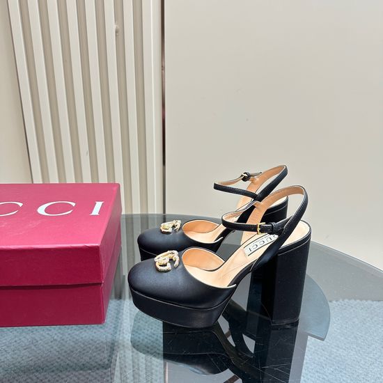 Gucci Rhinestone Buckle Platform High Heel Leather Pumps