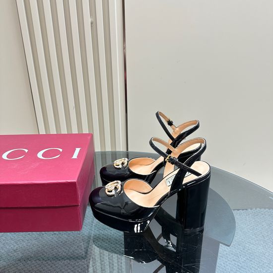 Gucci Rhinestone Buckle Platform High Heel Leather Pumps