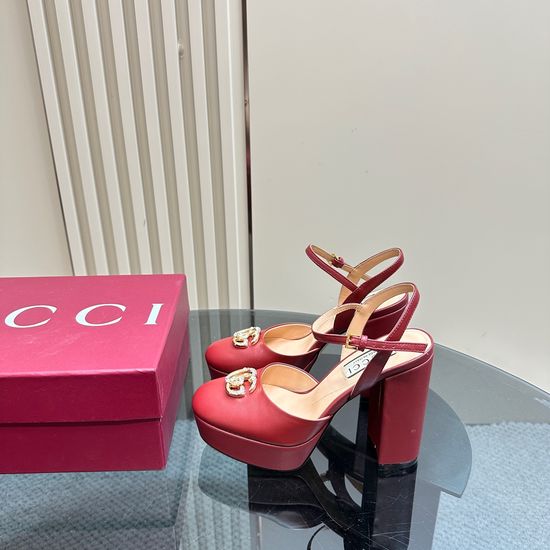 Gucci Rhinestone Buckle Platform High Heel Leather Pumps