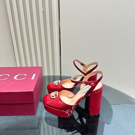 Gucci Rhinestone Buckle Platform High Heel Leather Pumps