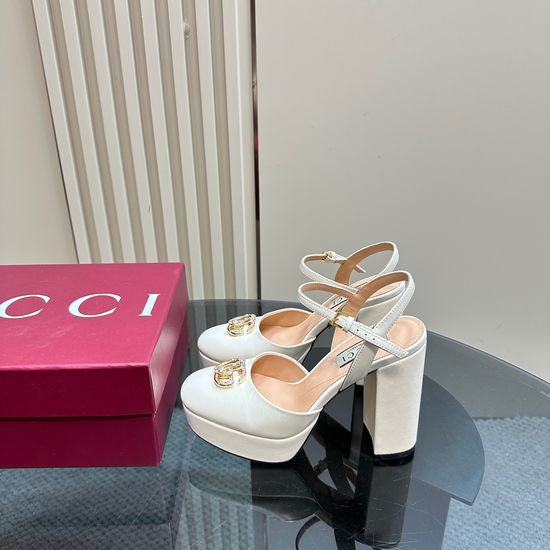 Gucci Rhinestone Buckle Platform High Heel Leather Pumps