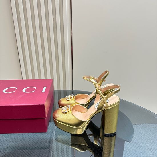 Gucci Rhinestone Buckle Platform High Heel Leather Pumps