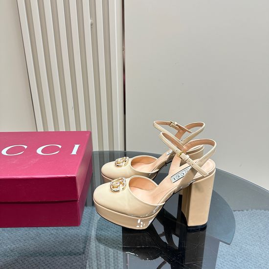 Gucci Rhinestone Buckle Platform High Heel Leather Pumps