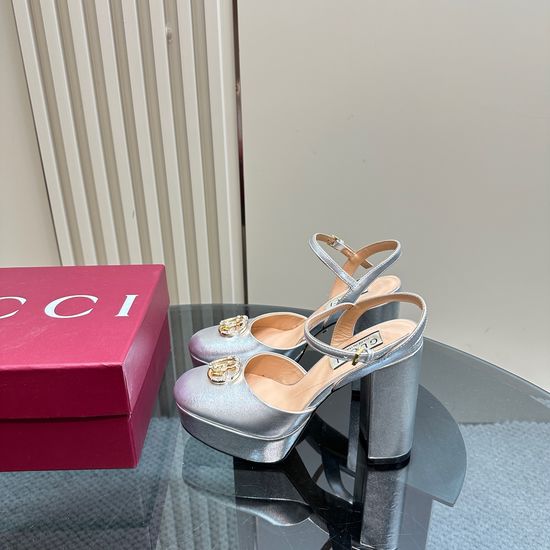 Gucci Rhinestone Buckle Platform High Heel Leather Pumps