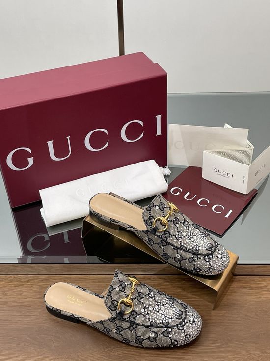 Gucci Rhinestone Embellished Canvas Mule Loafers Leather Sole