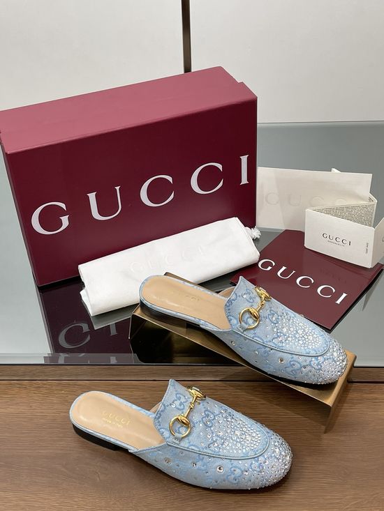 Gucci Crystal Decor Canvas Mule Loafers Genuine Leather Sole