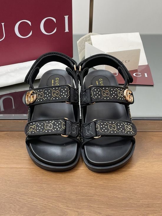 Gucci Rhinestone Decor Canvas Slingback Flat Sandals