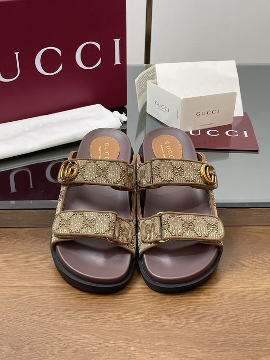 Gucci Rhinestone Decor Canvas Slingback Flat Sandals