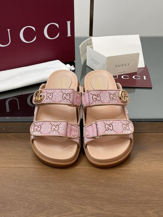 Gucci Rhinestone Decor Canvas Slingback Flat Sandals