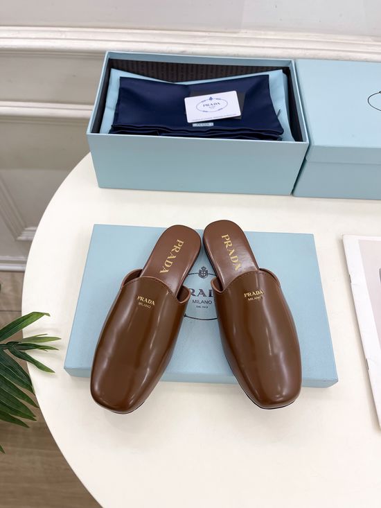 Prada Patent Leather Slip On Mules Anti-slip Flat Sole Casual Shoes