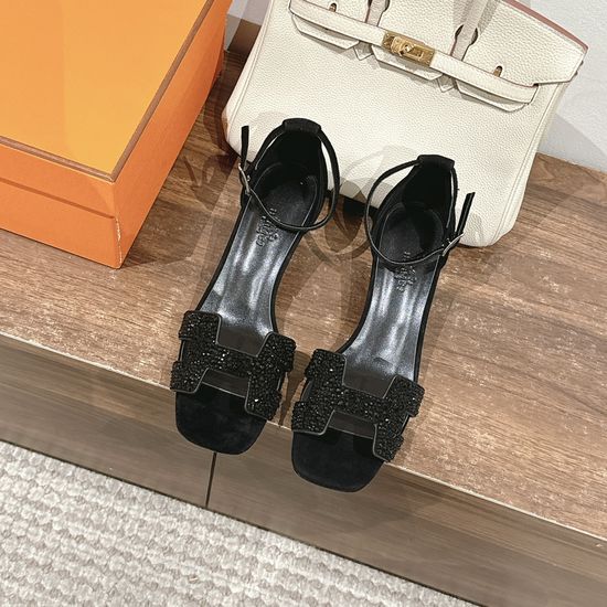 Hermes Rhinestone Accent Low Block Heel Sandals