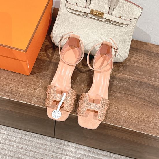 Hermes Rhinestone Accent Low Block Heel Sandals