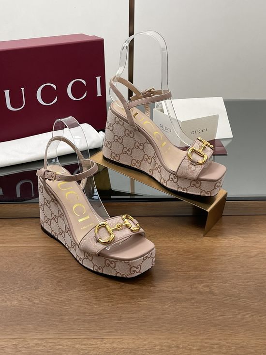 Gucci Square Toe Horsebit Platform Wedge Sandals Premium Sole