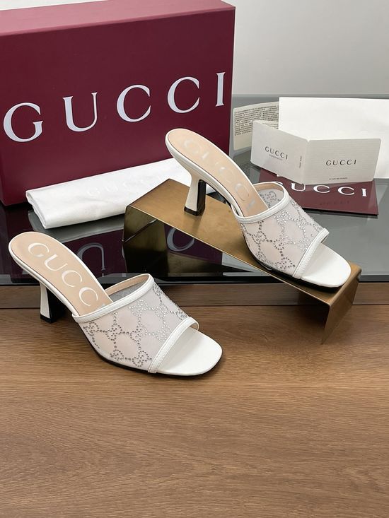 Gucci Rhinestone Decorated Kitten Heel Elegant Fashion Sandals
