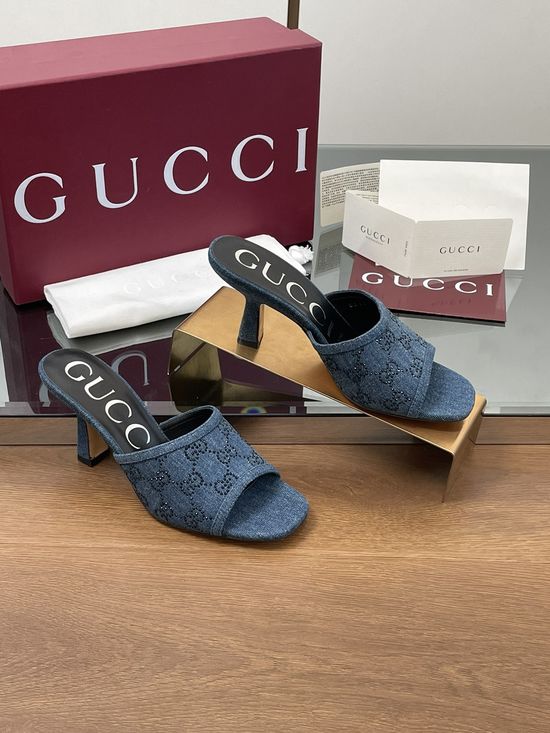 Gucci Rhinestone Decor Denim Open Toe High Heel Sandals